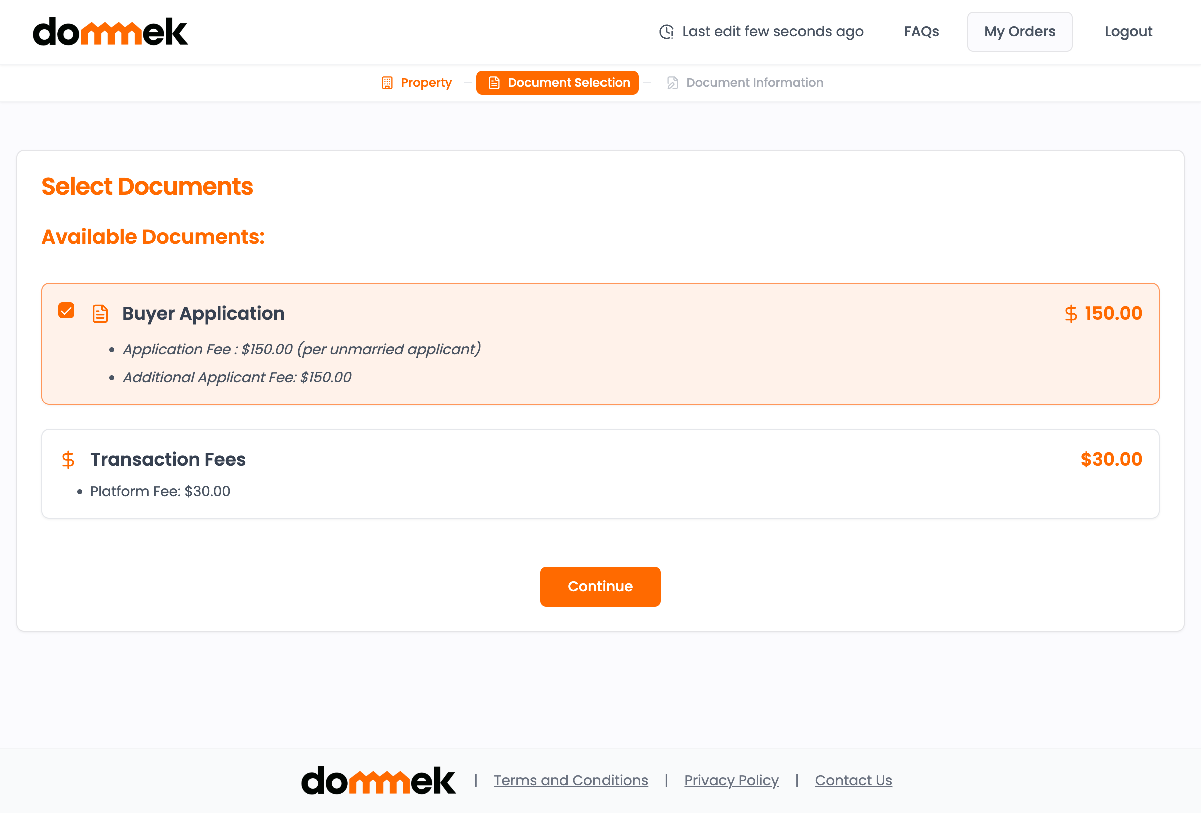Document selection screen showing buyer application with transparent pricing