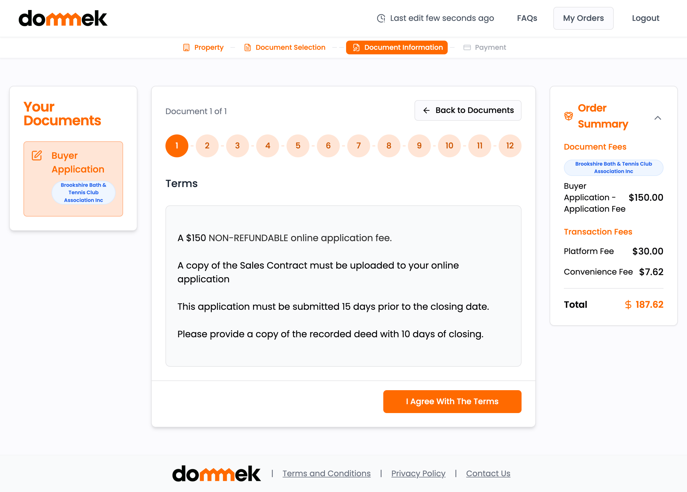 Application form interface with progress tracking and electronic signature support