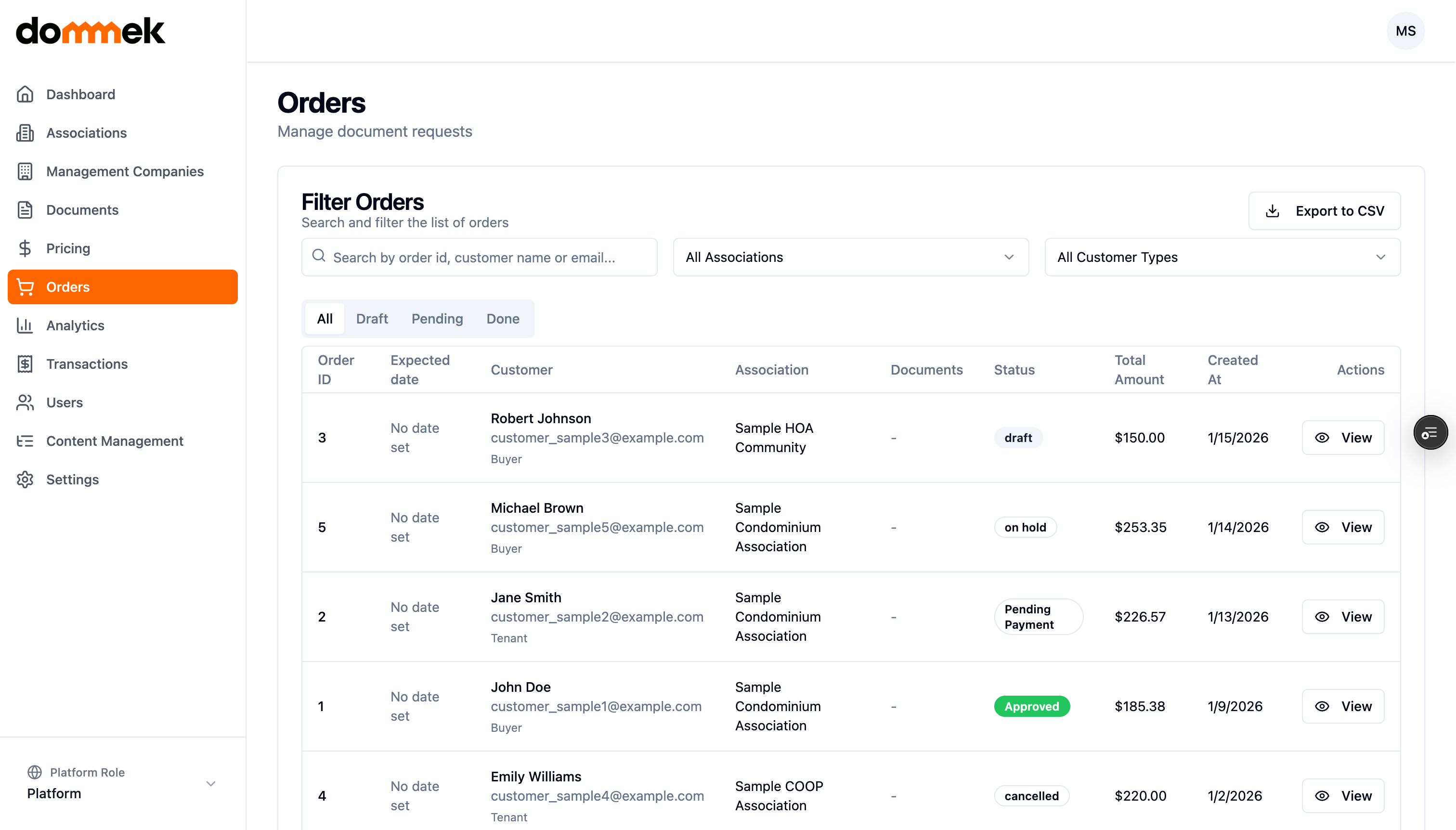 Order processing - Dommek HOA management software feature