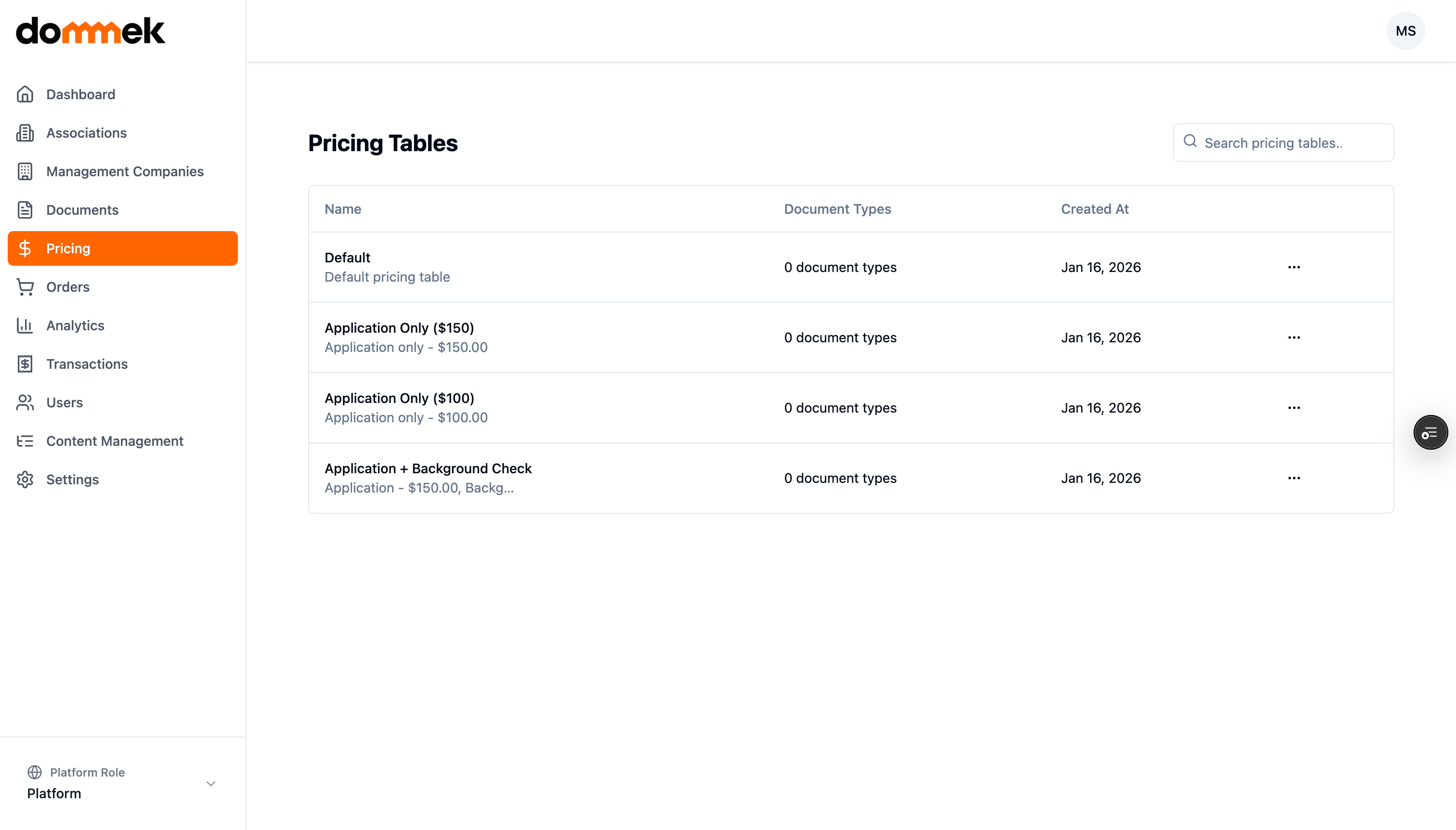 Flexible pricing tables - Dommek HOA management software feature
