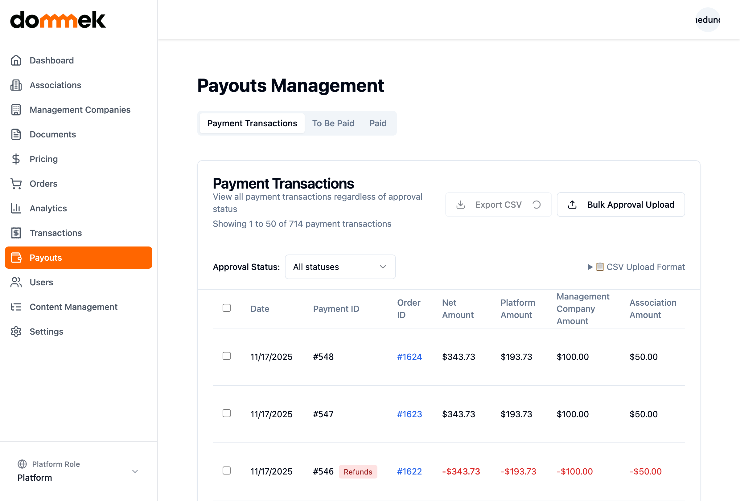 Automated payouts dashboard showing payment distribution to associations