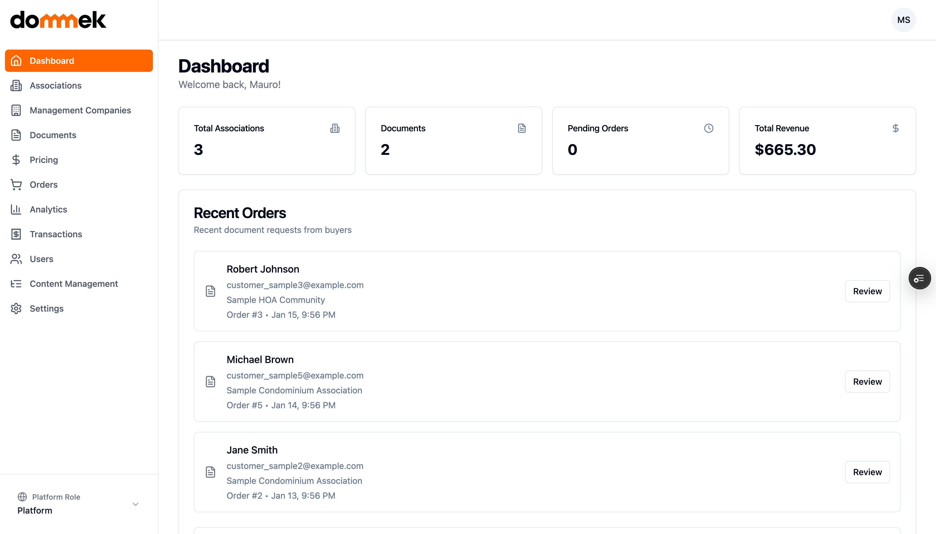 Dommek HOA document management dashboard showing total associations, documents, orders and revenue