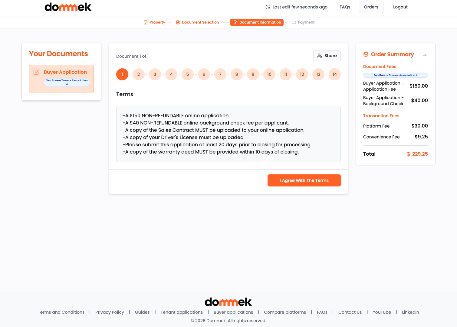 Dommek buyer application form: the terms step with 14 numbered progress steps and an order summary listing the application fee, background check fee and the platform and convenience fees