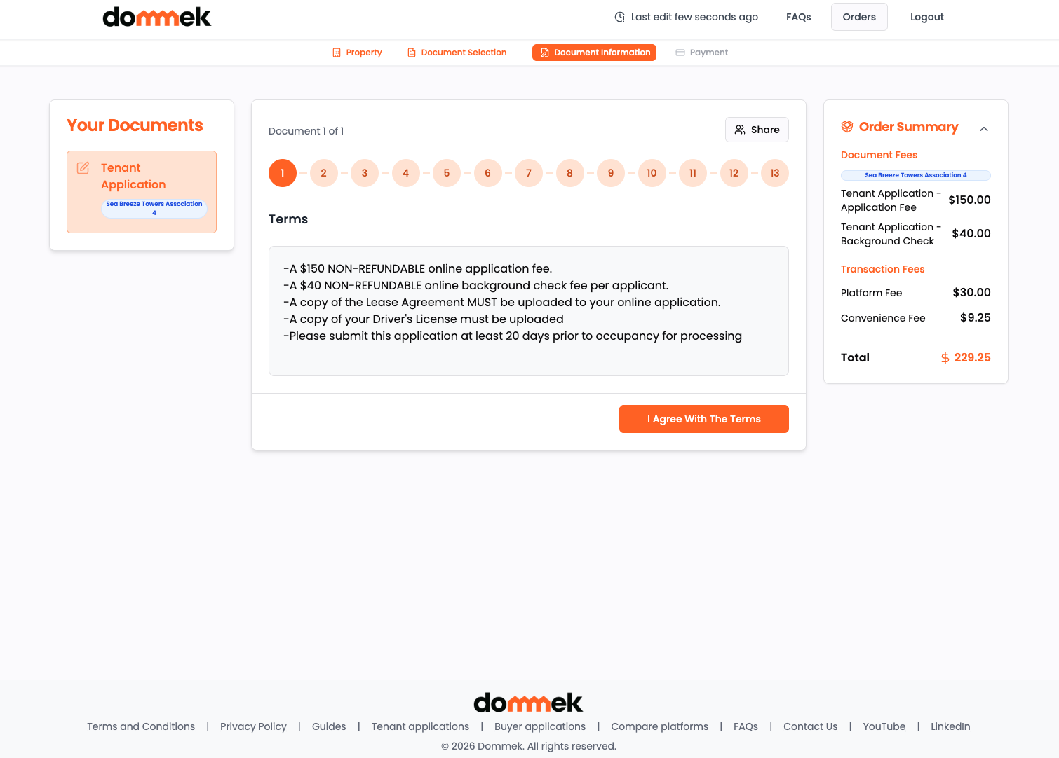 Dommek tenant application form: the terms step with 13 numbered progress steps and an order summary listing the application fee and the platform and convenience fees