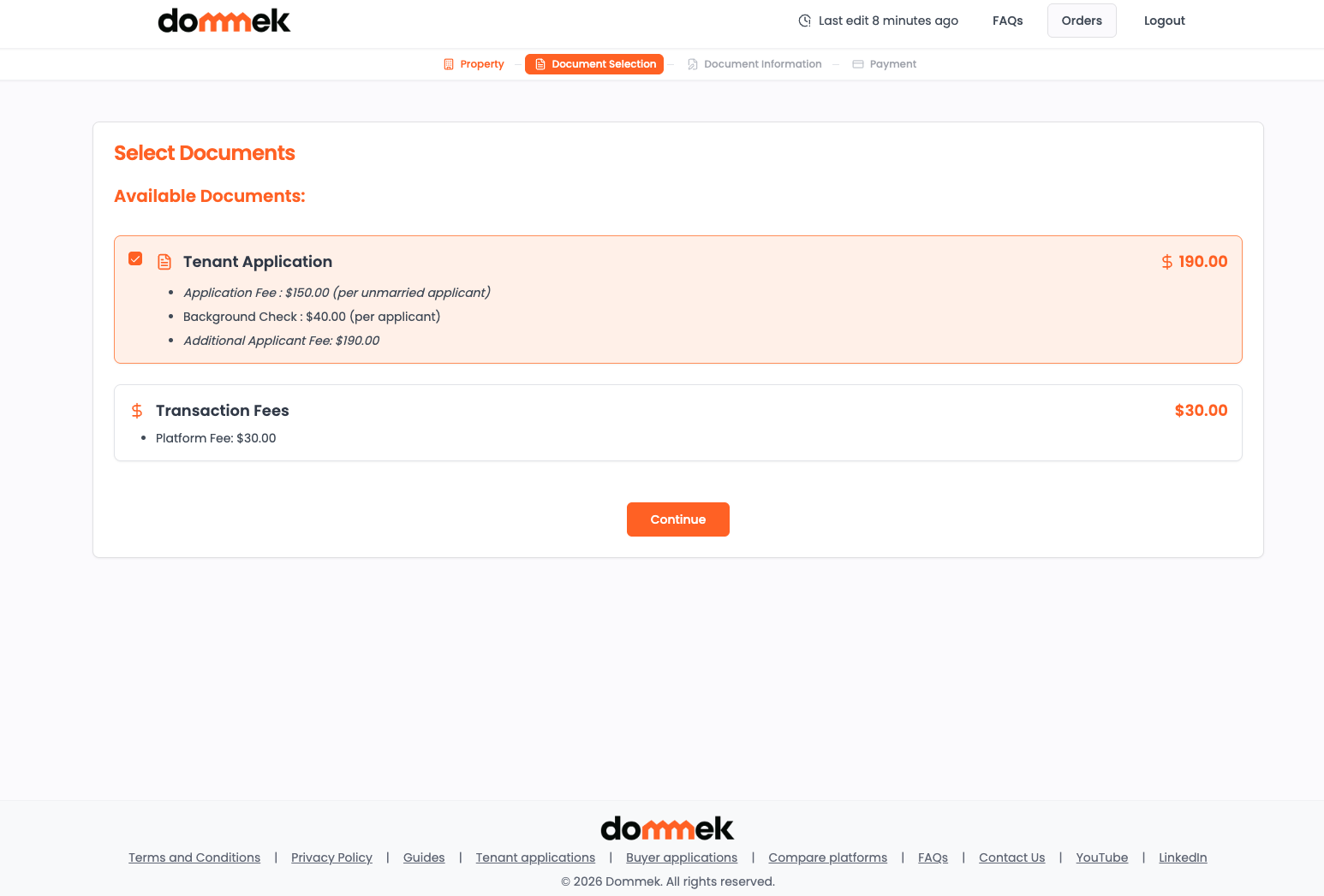Dommek document selection: the tenant application with its application fee, background check fee and transaction fees shown upfront
